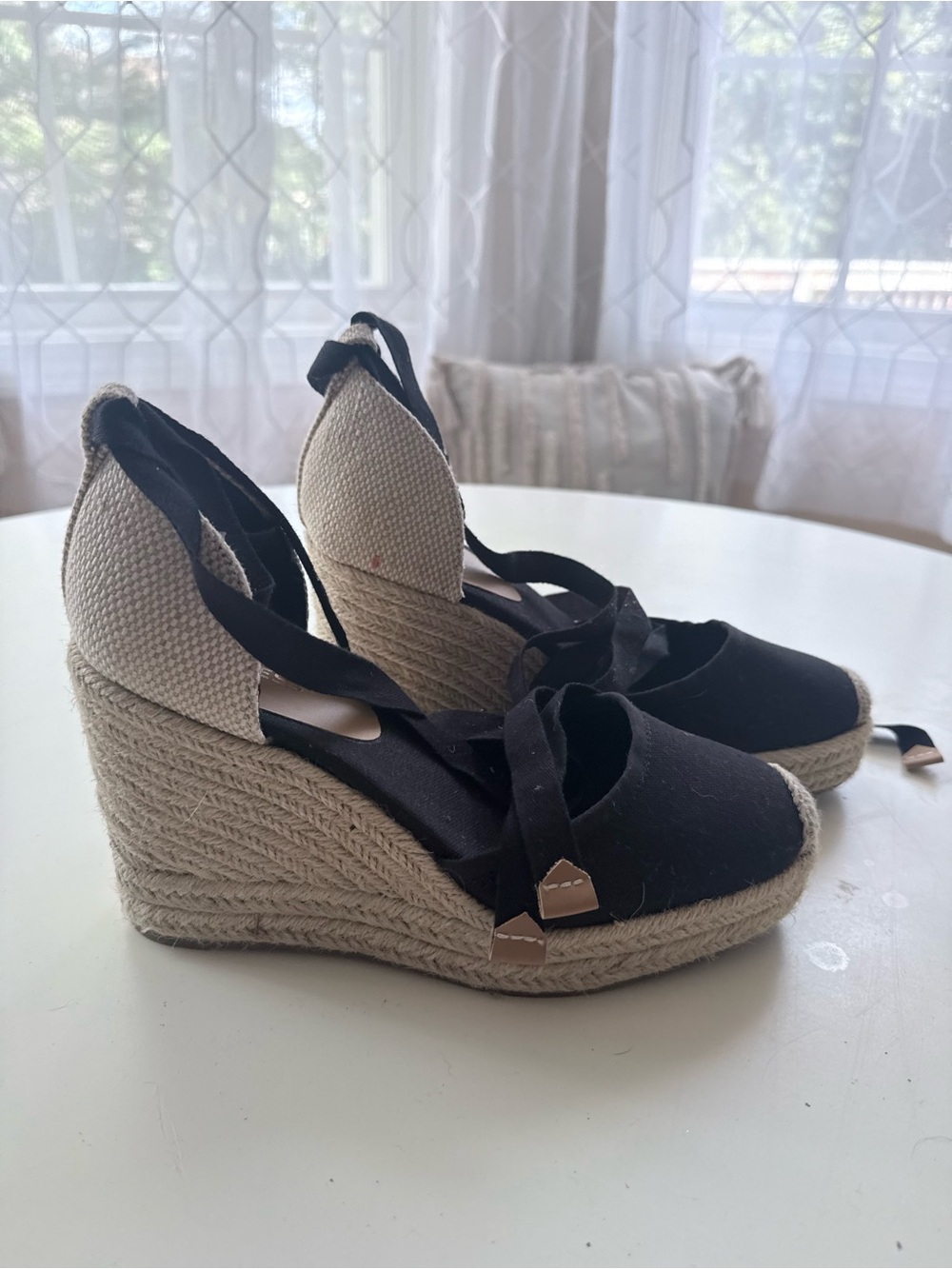 Express Black and Natural Espadrille Wedge Sandals with Ankle Tie
